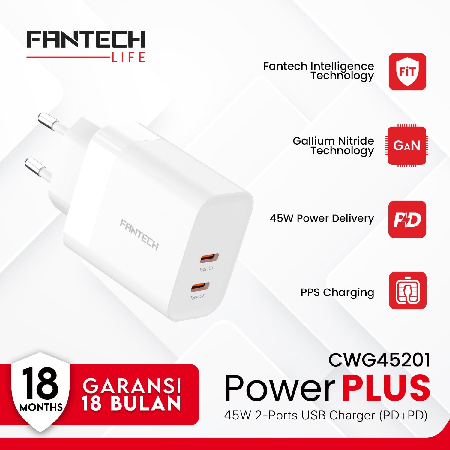 Fantech GaN Charger 45Watt PD Fast Charging 2 Port - CWG45201 - Fantech Indonesia